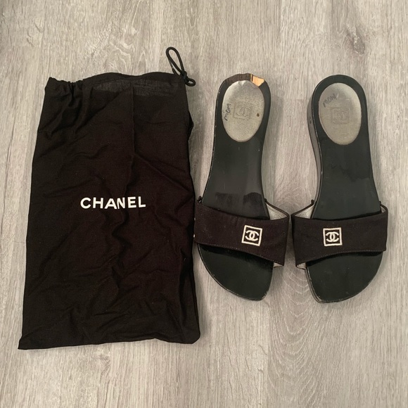CHANEL | Shoes | Chanel Cc Logo Wooden Slides Sandals Black White | Poshmark